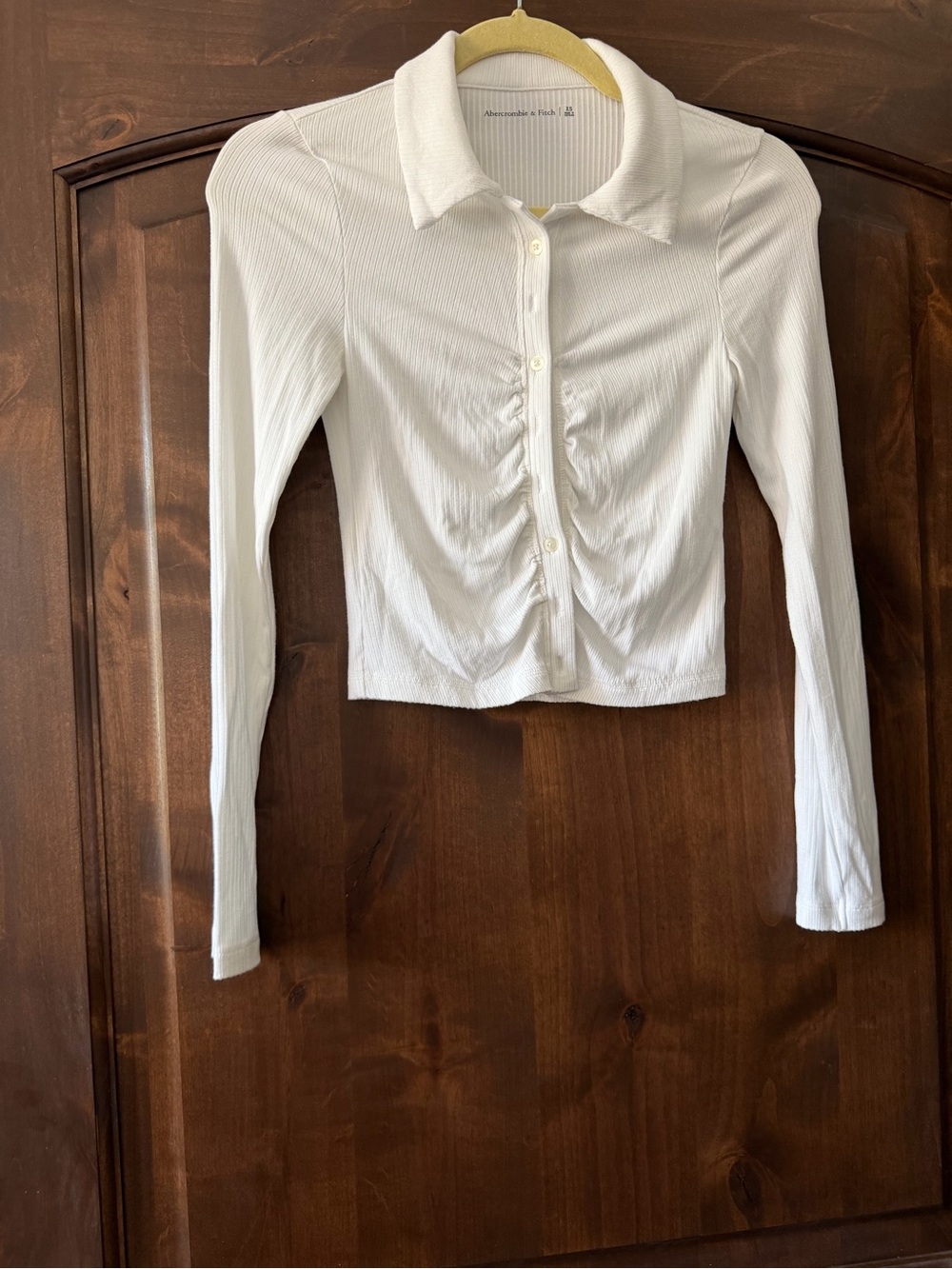 Abercrombie & Fitch White Ribbed Ruched Button-Down Long Sleeve Top XS